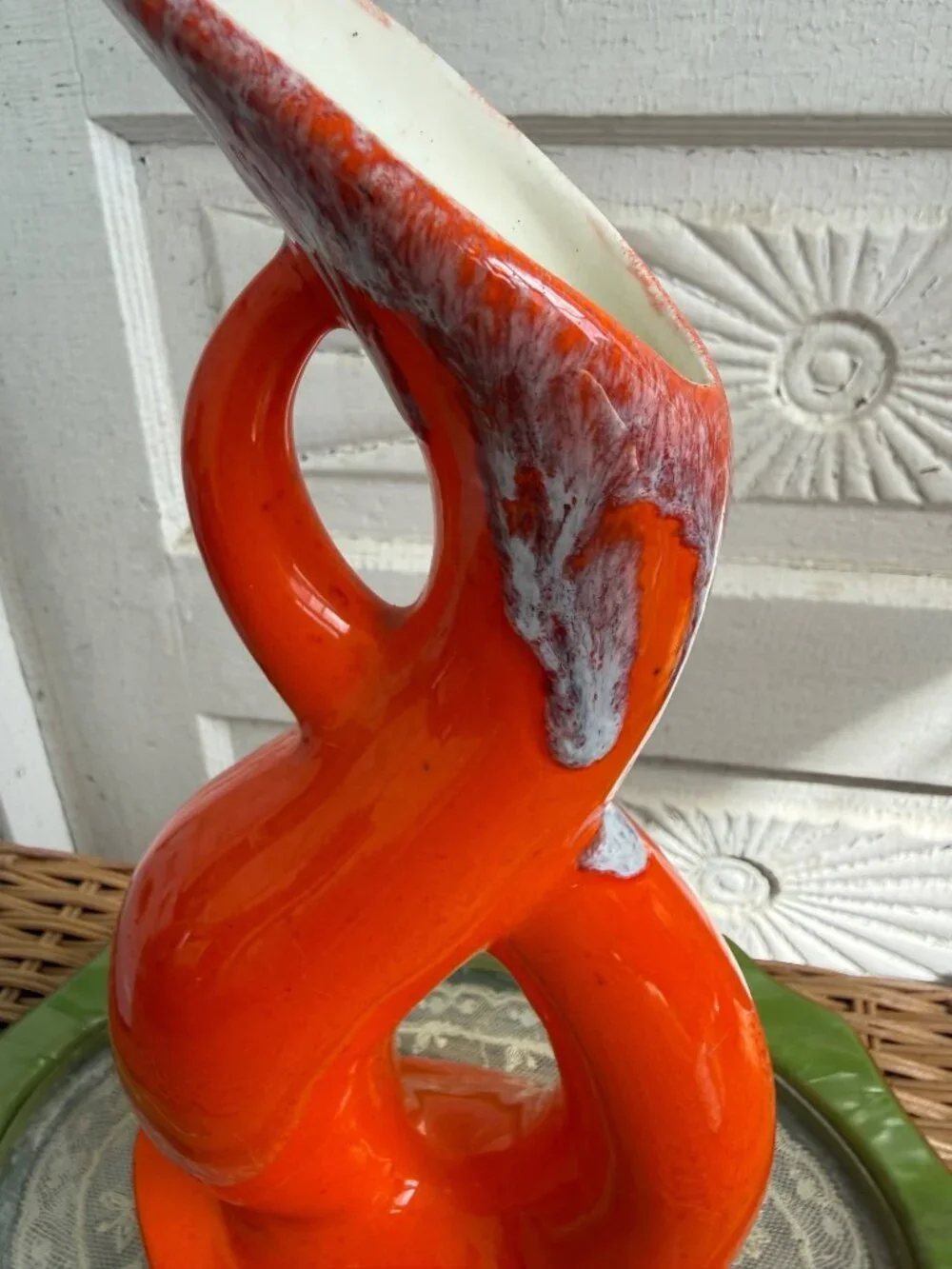 Vintage MCM Orange Drip Pottery Serpentine Abstract Modernist Vase